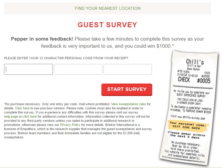 Enter the code from your receipt on the Chilis-Survey.