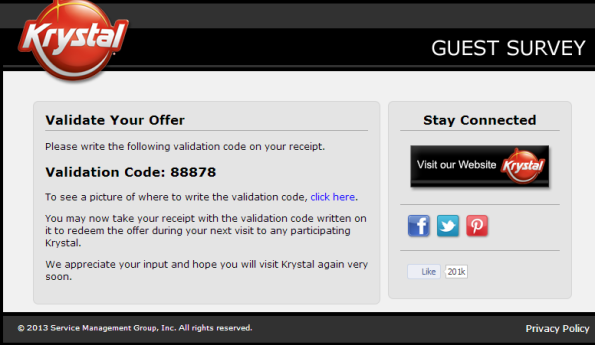 Redeem your prize from the Krystal Guest Survey.