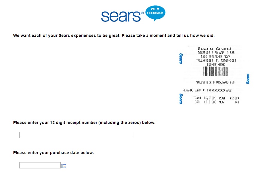 In order to complete the Searsfeedback survey, you will need a receipt code.