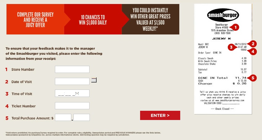 All the information you need for the Smashburger Survey is written on your receipt.