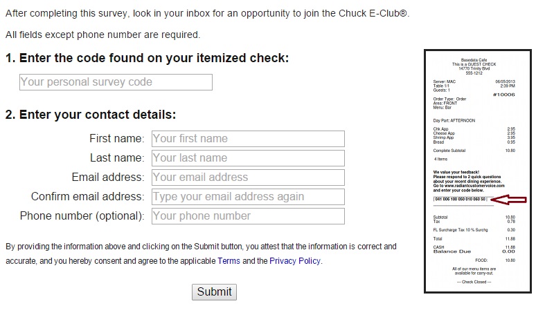 There are several steps you must take as shown in the Chuck E Cheese survey completion guide.