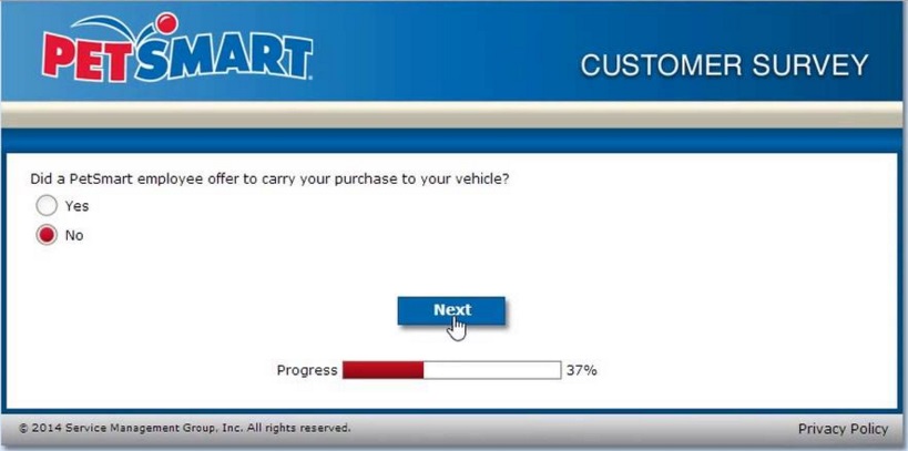 The PetSmart survey completion guide includes multiple questions.
