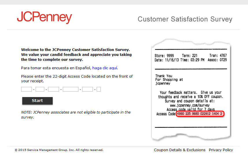 JCPenney Survey page screen print