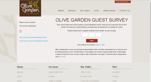 The Olive Garden Survey Login Page
