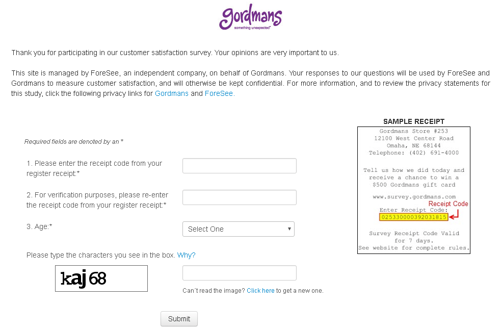 gordmans survey start page