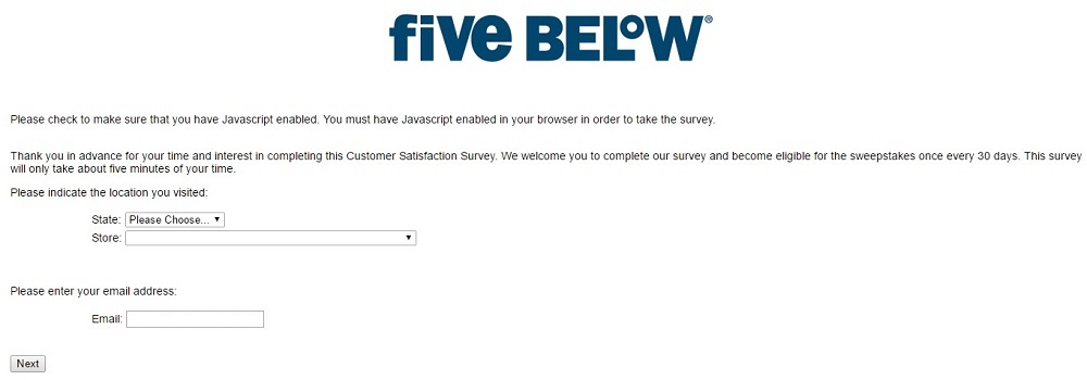 Five Below survey step 1