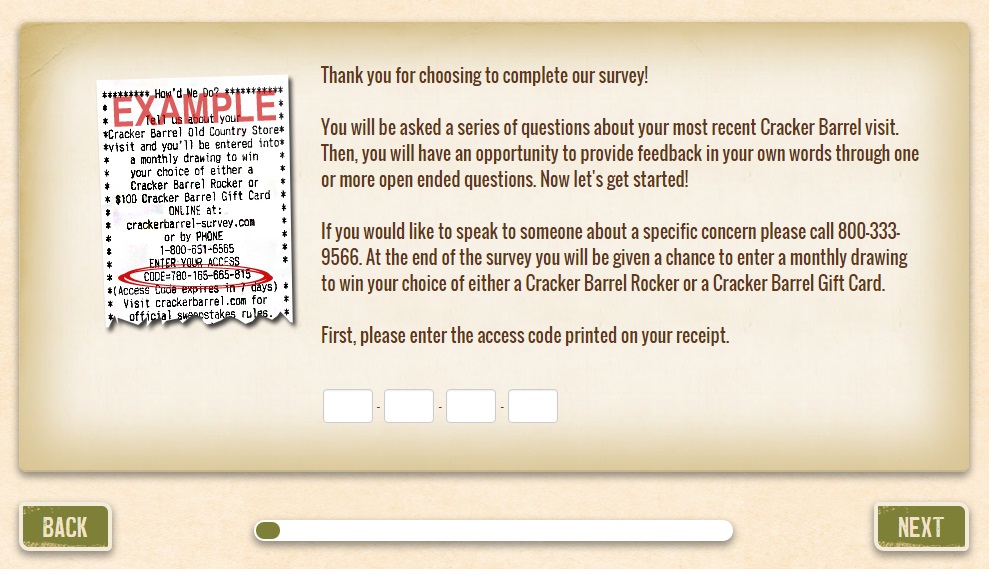 Enter the Cracker Barrel Survey code found on your receipt.