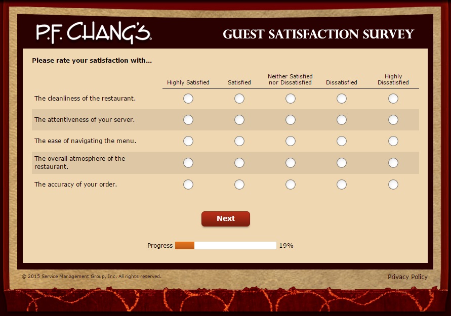 The PF Changs Feedback survey includes multiple questions.