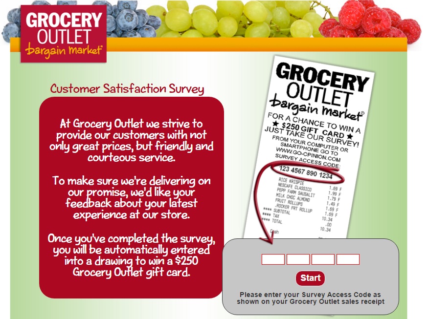 The access code for the Grocery Outlet survey can be found on your receipt.