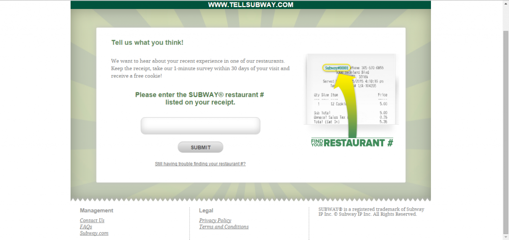 Tell Subway customer survey page screenshot