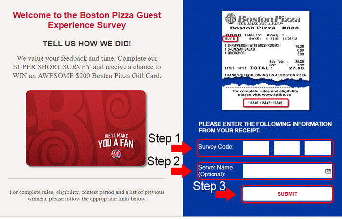 boston pizza survey receipt