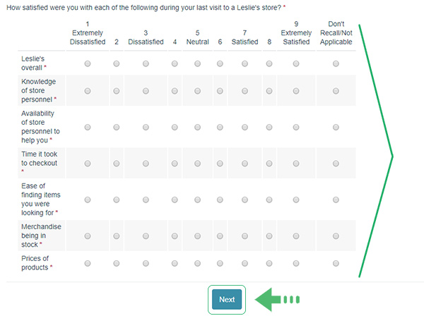 Screenshot of Leslies Pool Supplies survey page